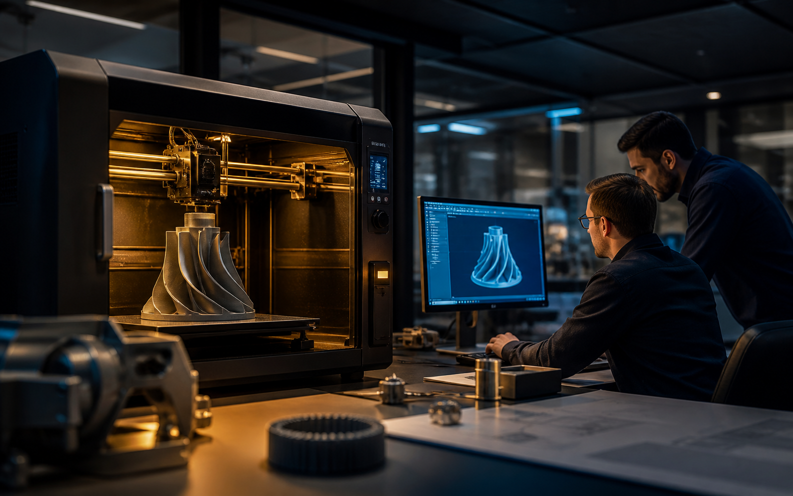 Modern 3D printing lab producing a prototype part
