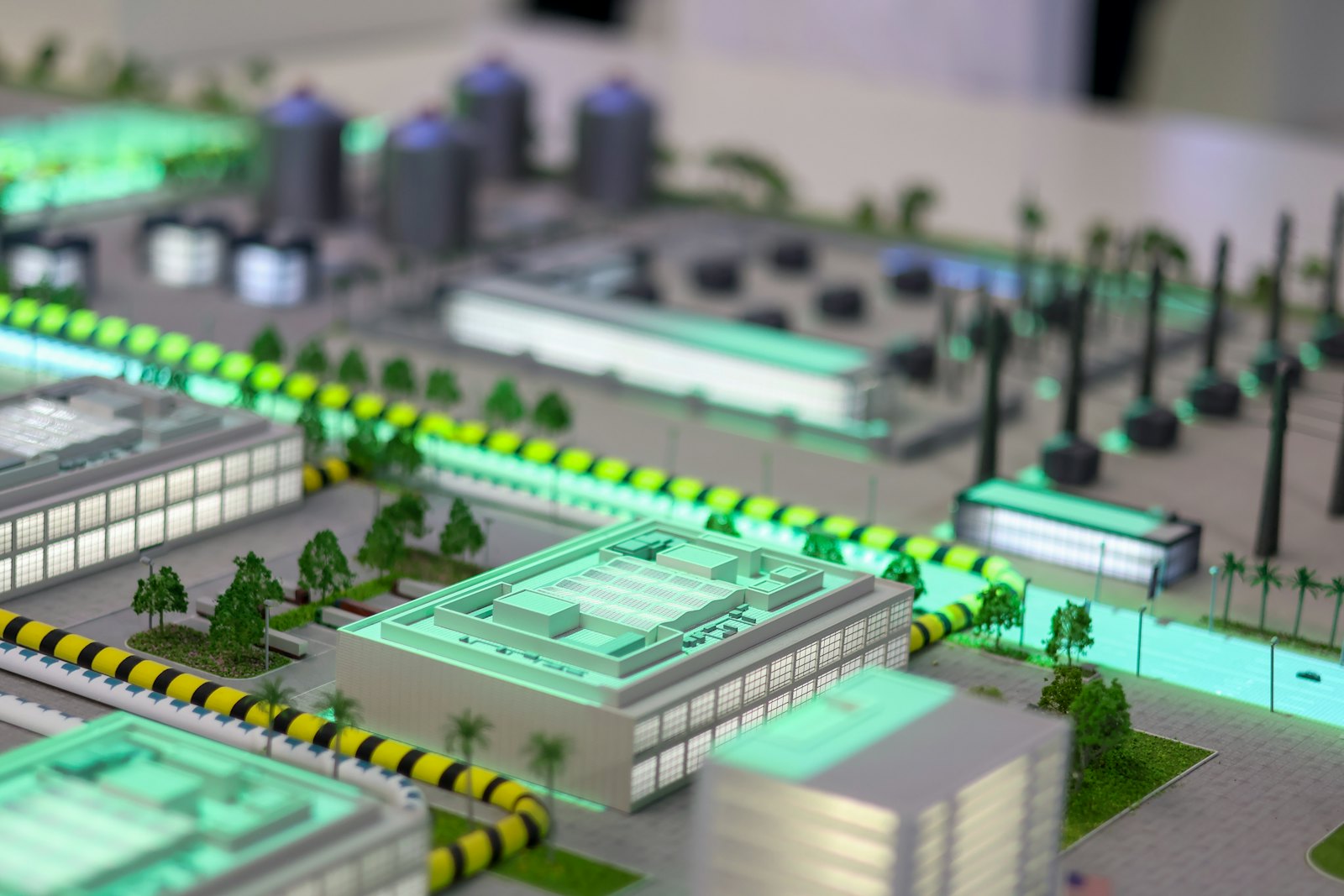 Illuminated model of an industrial complex
